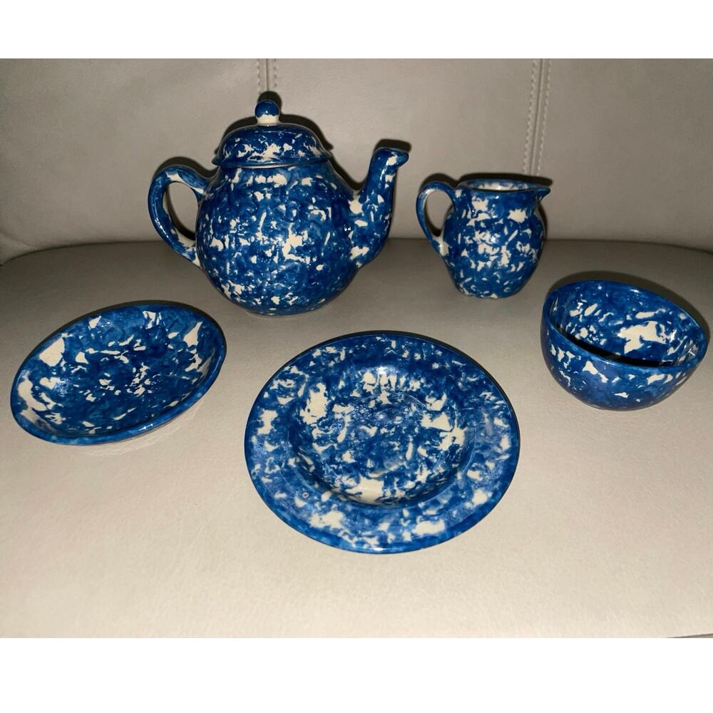 Rare 1987 Signed Barb Hall Miniature 5pc Blue Spongeware Tea Set "Teeny" Pottery